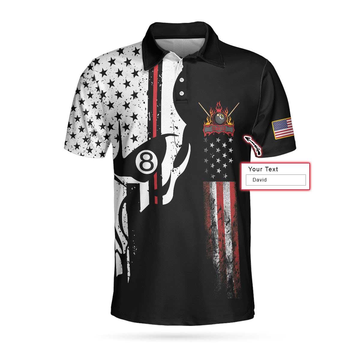 Billiard Custom Name Men Polo Shirt, Personalized 8 Ball Pool Billiards Polo Shirts, Skull American Flag Polo Shirt - Gift For Billiards Lovers