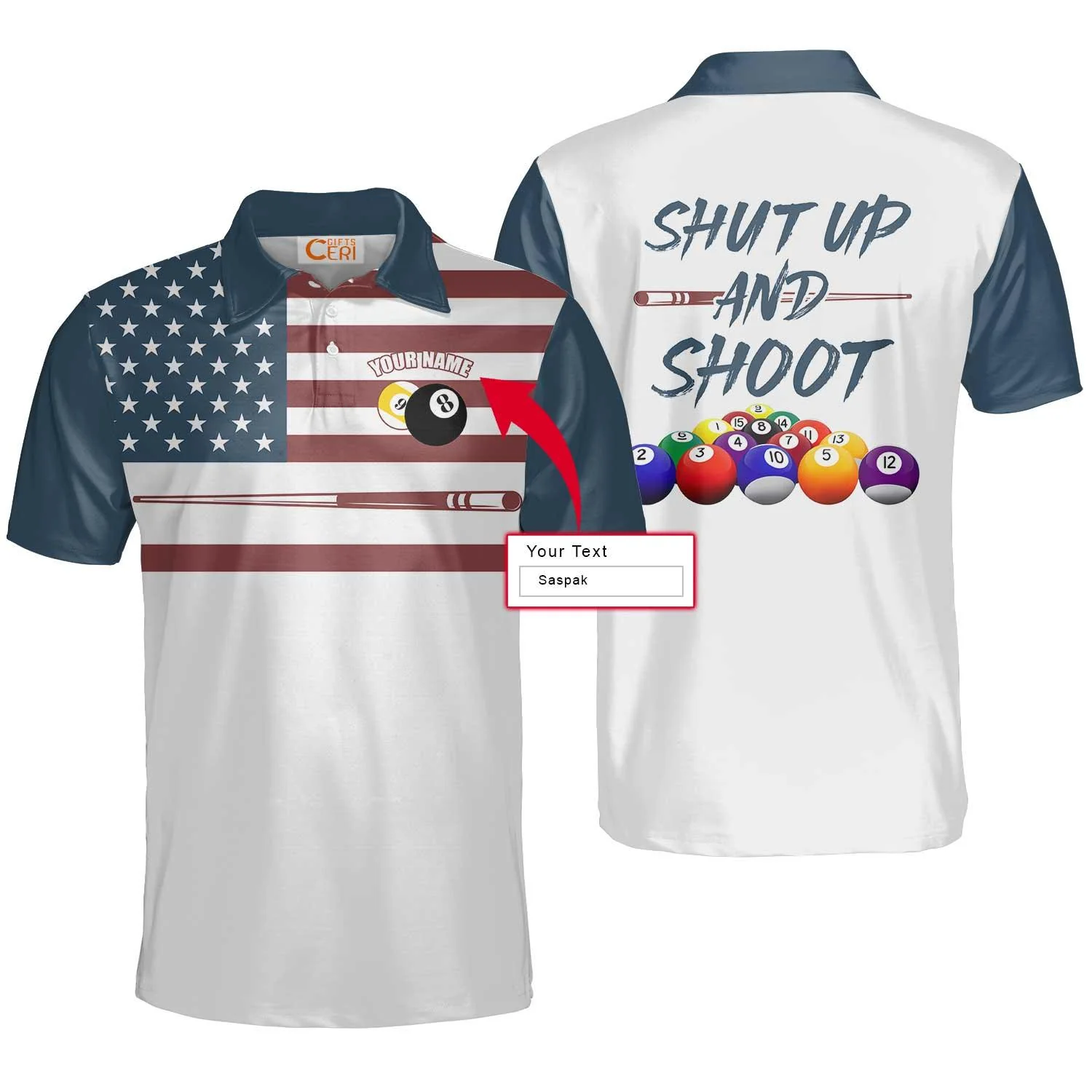 Billiard Custom Name Men Polo Shirts, Shut Up And Shoot Personalized 8 Ball Pool Billiards Polo Shirts, Gift For Billiards Player, Billiards Lover