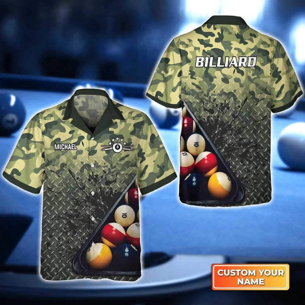 Billiard Hawaiian Shirt Custom Name, Green Camo Personalized Aloha Hawaiian Shirt For Men - Perfect Gift For Billiard Lovers, Billiard Players