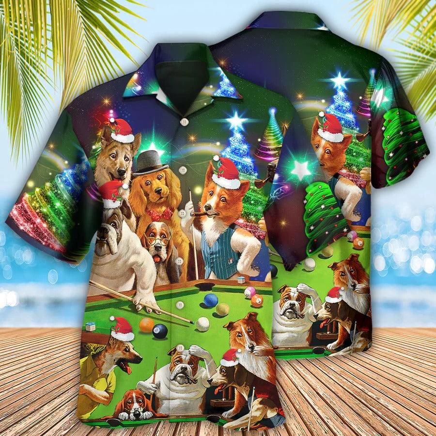Billiard Hawaiian Shirt, Funny Dogs Aloha Hawaiian Shirt, Billiard Dogs Merry Christmas Aloha Shirt For Men - Gift For Billiard Lovers, Dog Lovers