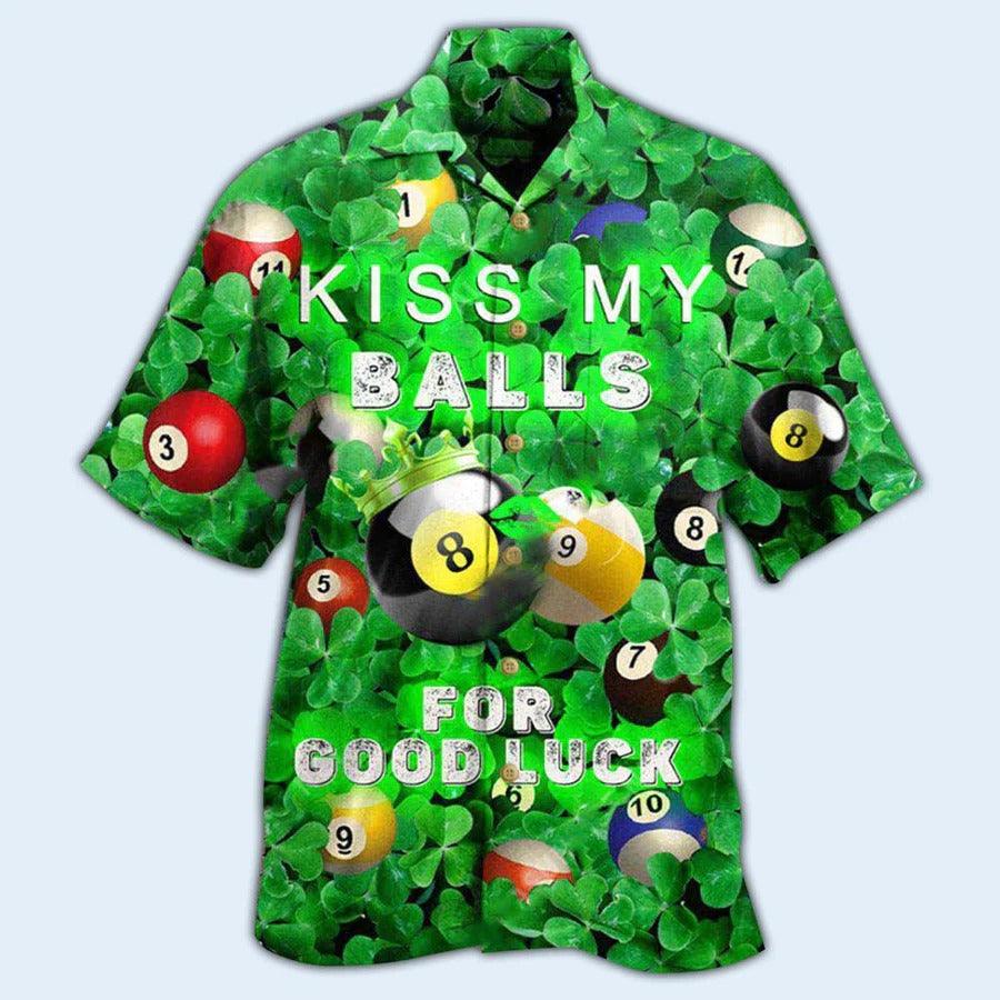 Billiard Hawaiian Shirt, Lucky Leaves Aloha Hawaiian Shirt, Kiss My Balls Billiard Aloha Shirt For Men - Gift For Billiard Lover, Saint Patricks Day - Image 2