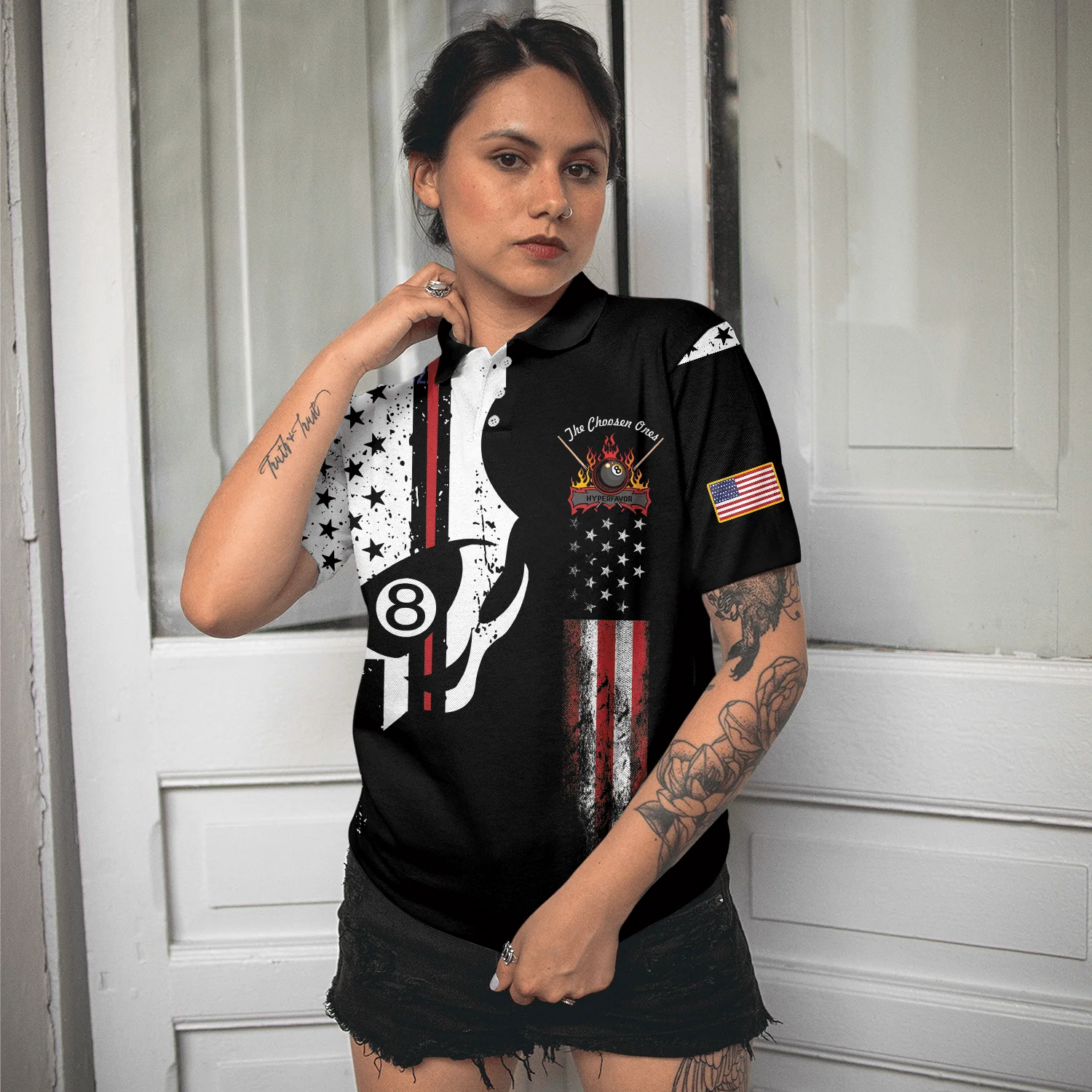 Billiard Women Polo Shirts, The Chosen Ones, Skull American Flag Billiards Polo Shirt - Perfect Gift For Ladies, Billiards Lovers, Billiards Players - Image 6