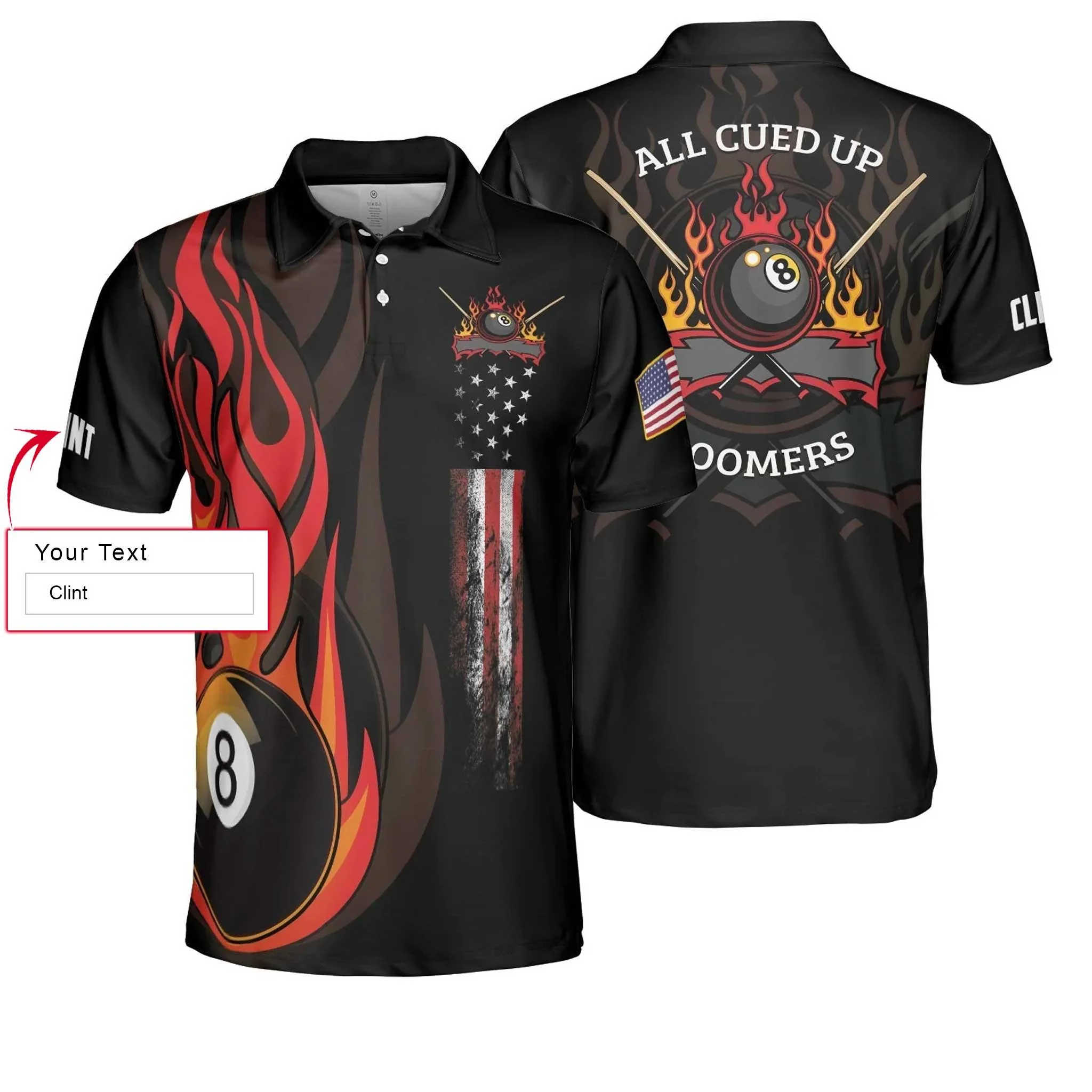 Billiards Custom Name Men Polo Shirt, All Cued Up Boomers, Billiard Fire 8 Ball USA Flag Personalized Men Polo Shirts, Gift For Billiards Lovers