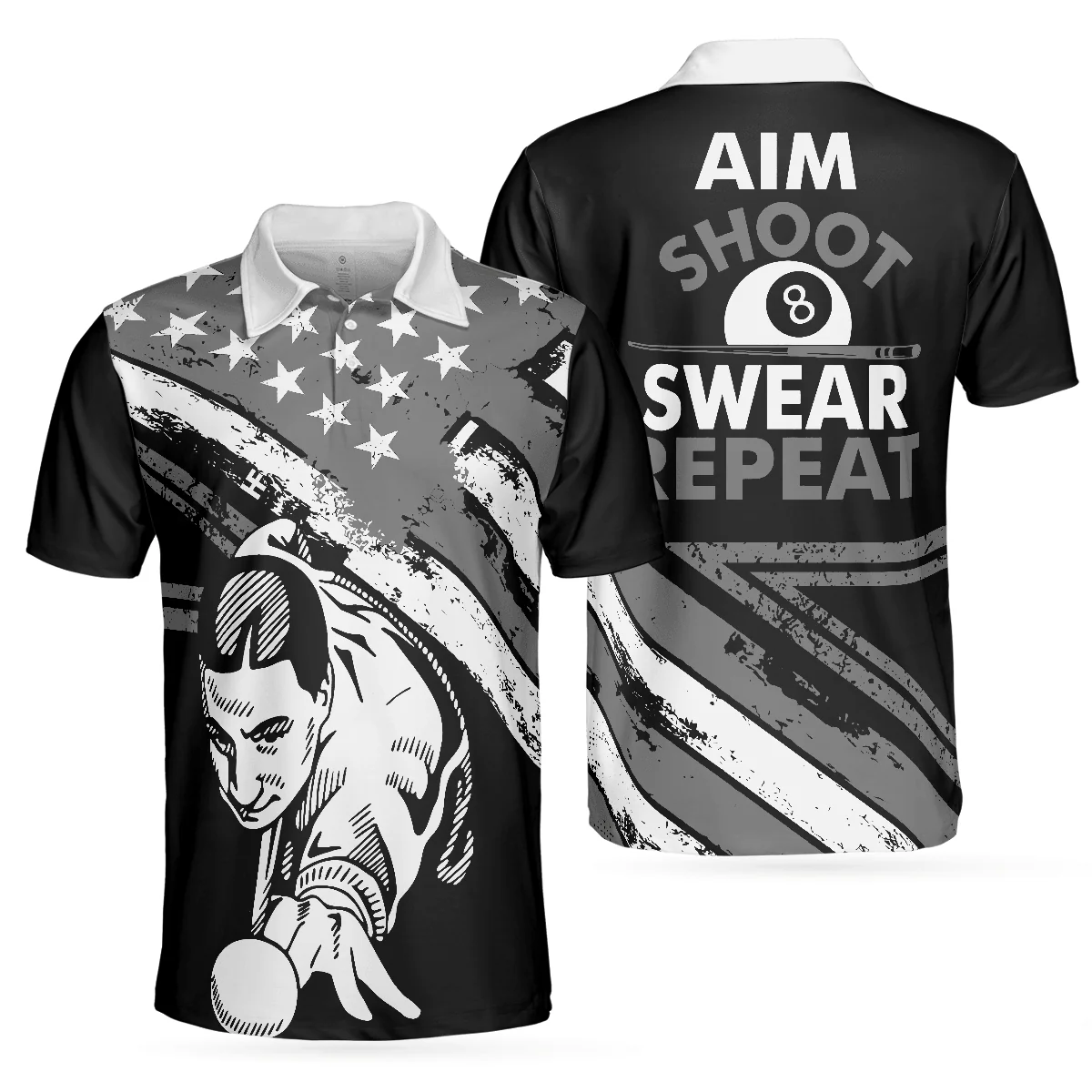 Billiards Men Polo Shirt, Aim Shoot Swear Repeat, American Flag Pattern Billiards Polo Shirt For Men - Gift For Billiards Lovers, Billiards Players - Image 2