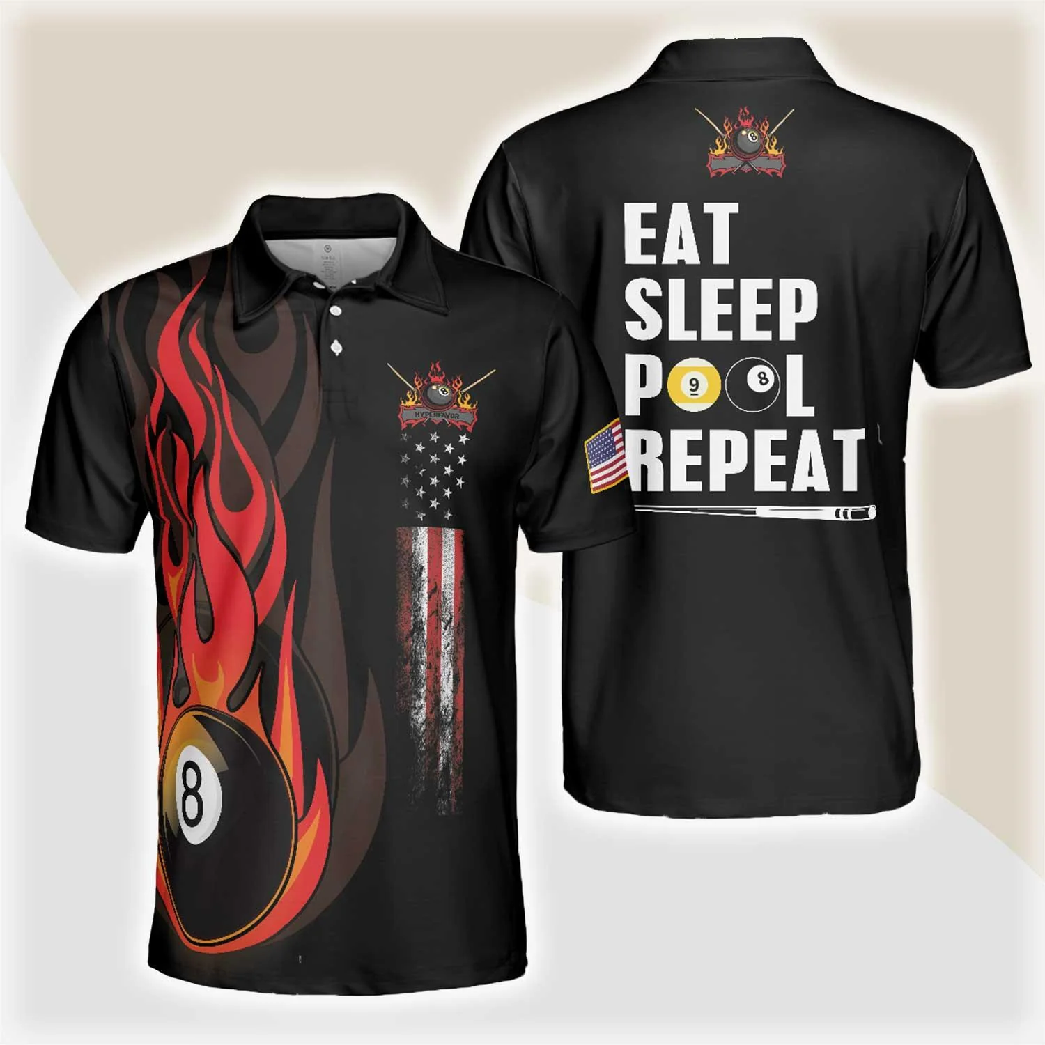 Billiards Men Polo Shirt, American Flag, Billiards Ball Flame, Eat Sleep Pool Repeat, 8 Ball Pool Billiards Polo Shirts, Gift For Billiards Lovers