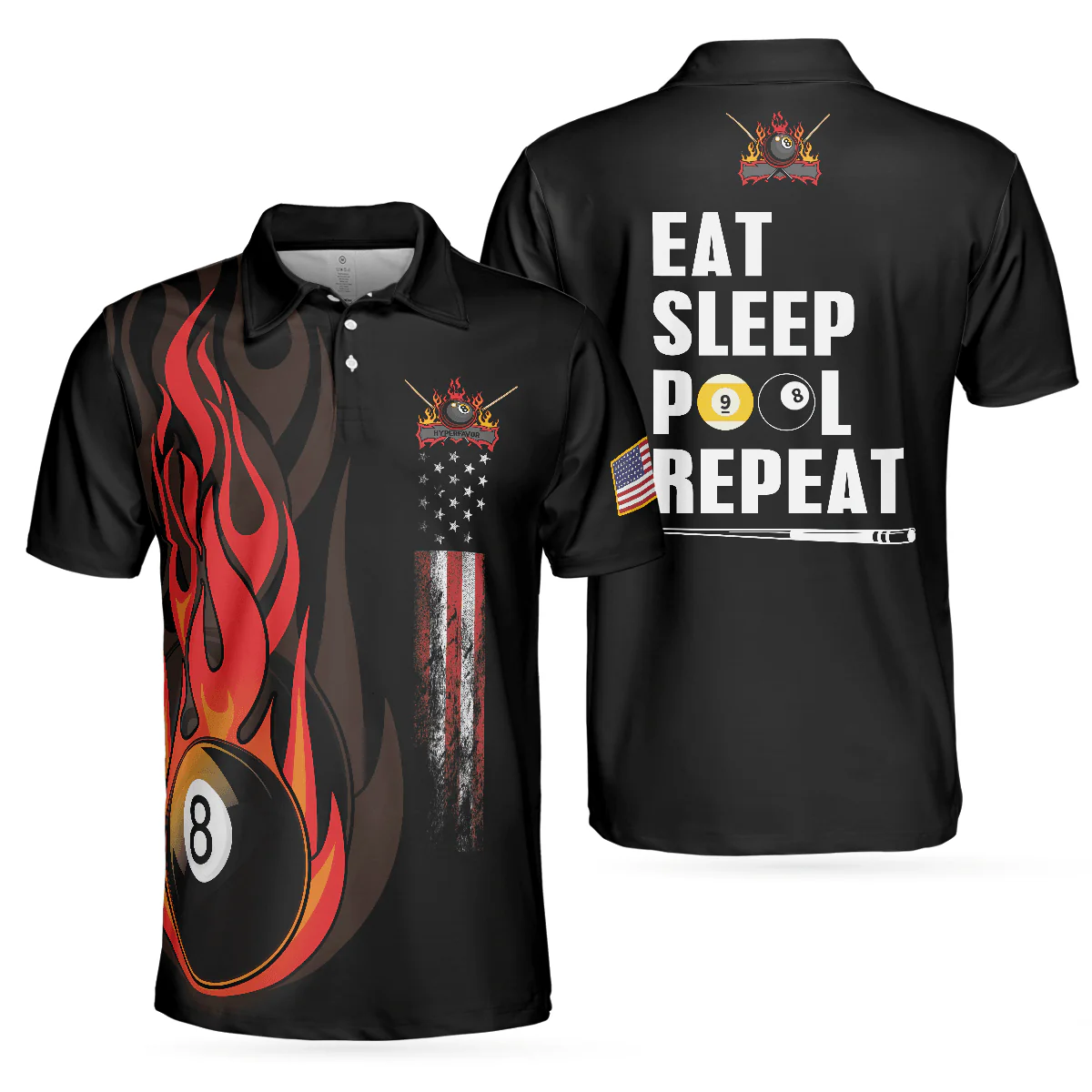 Billiards Men Polo Shirt, American Flag, Billiards Ball Flame, Eat Sleep Pool Repeat, 8 Ball Pool Billiards Polo Shirts, Gift For Billiards Lovers - Image 2