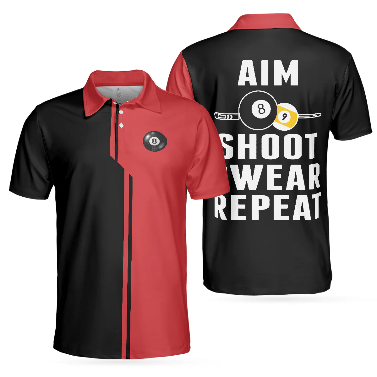 Billiards Men Polo Shirt, Black And Red Billiards Polo Shirt, Aim Shoot Swear Repeat Shirt For Men, Gift For Billiards Lovers, Billiards Players - Image 2