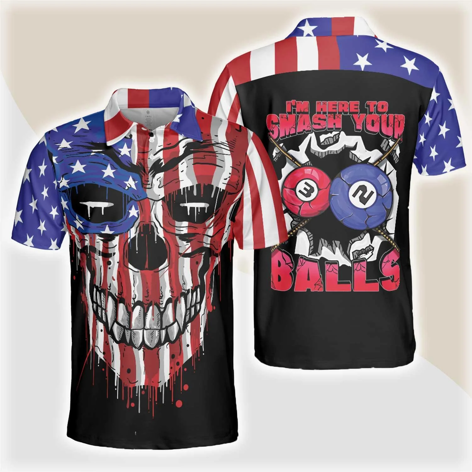 Billiards Men Polo Shirt, I'm Here To Smash Your Balls Billiards Polo Shirt, Skull American Flag Shirt For Men, Billiards Lovers