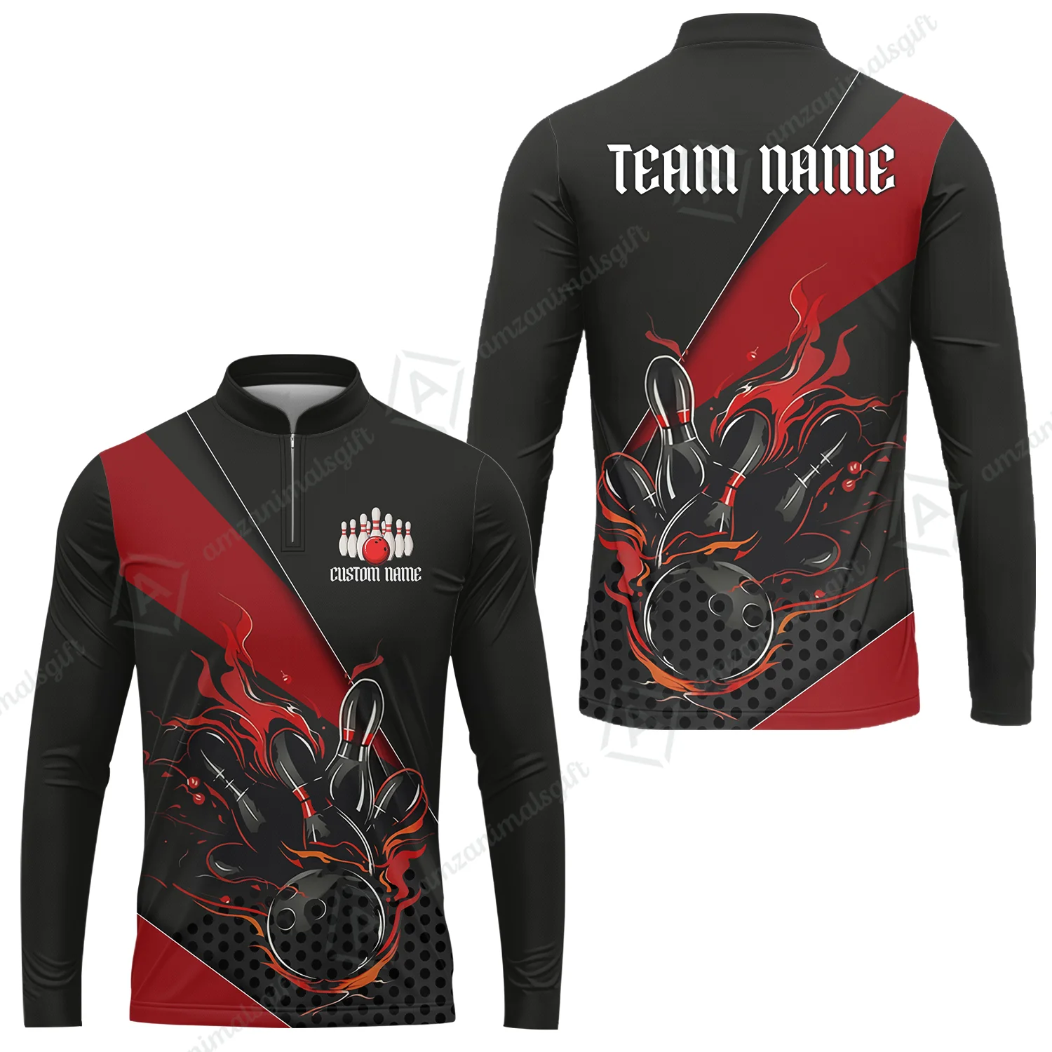 Customized Bowling Quarter-Zip Jersey Polo Shirts, Flaming Bowling Pins Esport Black Red Shirt For Tournament Team Men Women Bowlers - Image 10