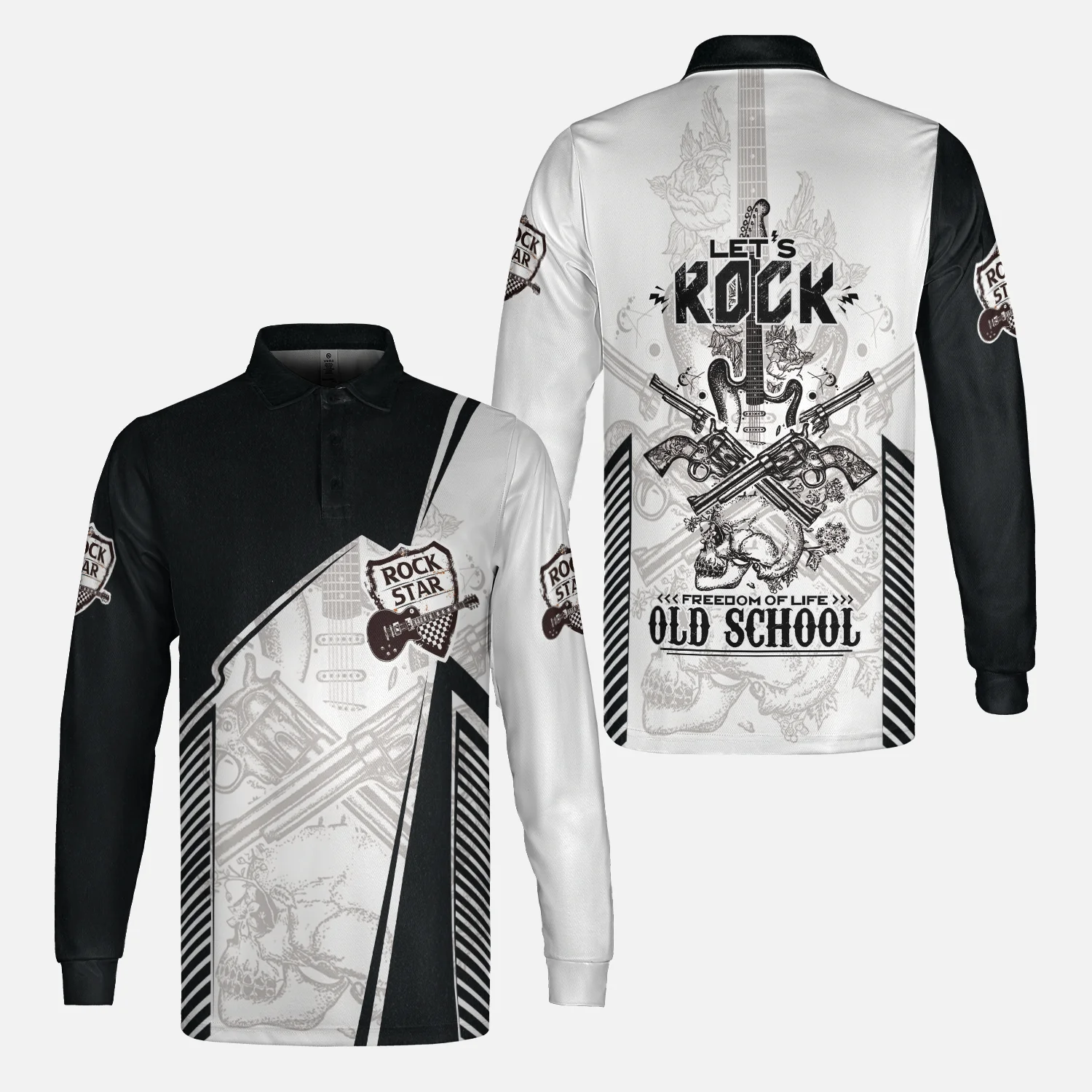 Black And White Guitar Men Polo Shirt, Let's Rock Freedom Of Life Old School Guitar Short Sleeve Shirt For Male - Image 3
