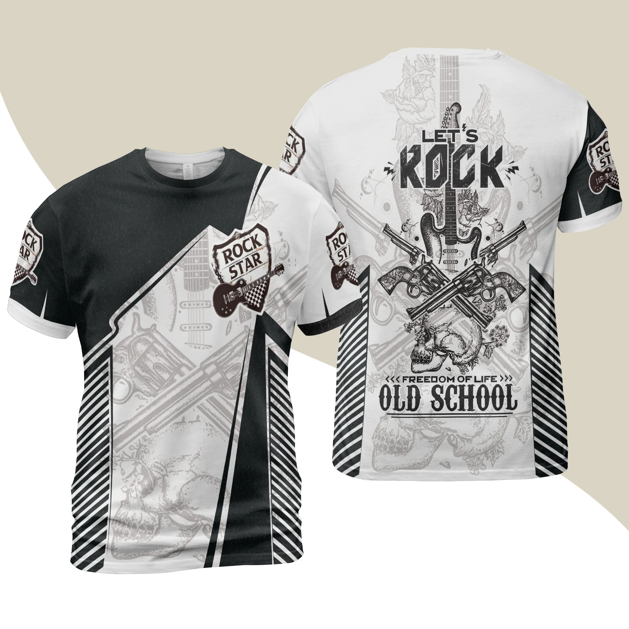 Black And White Guitar Men T-Shirt, Let's Rock Freedom Of Life Old School Guitar T-Shirt - Image 2