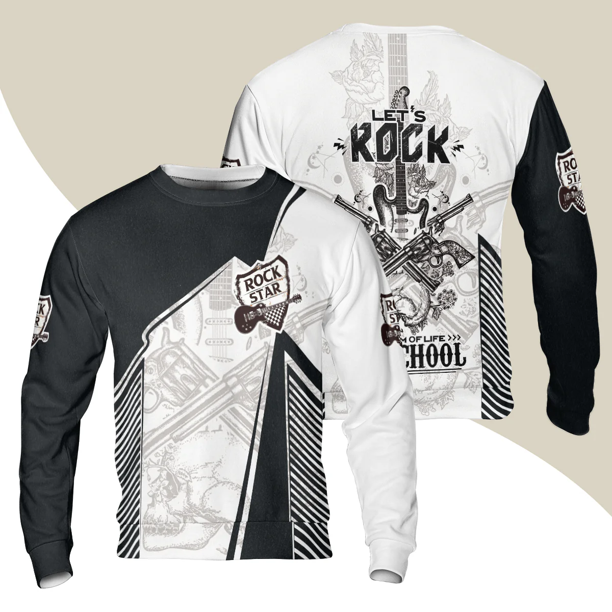 Black And White Guitar Sweatshirt, Let's Rock Freedom Of Life Old School Guitar Sweatshirt - Image 2