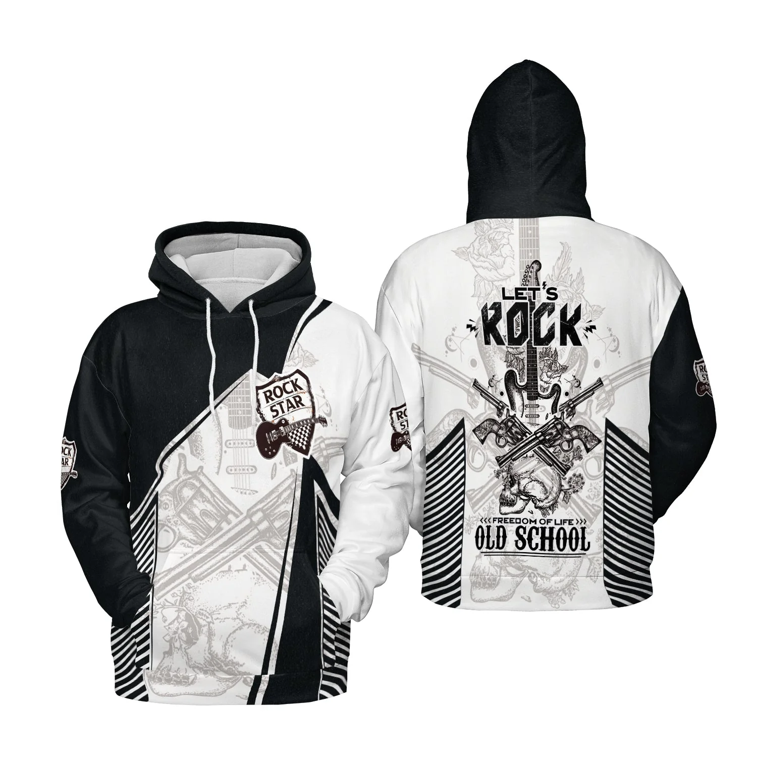 Black And White Guitar Sweatshirt, Let's Rock Freedom Of Life Old School Guitar Sweatshirt - Image 3
