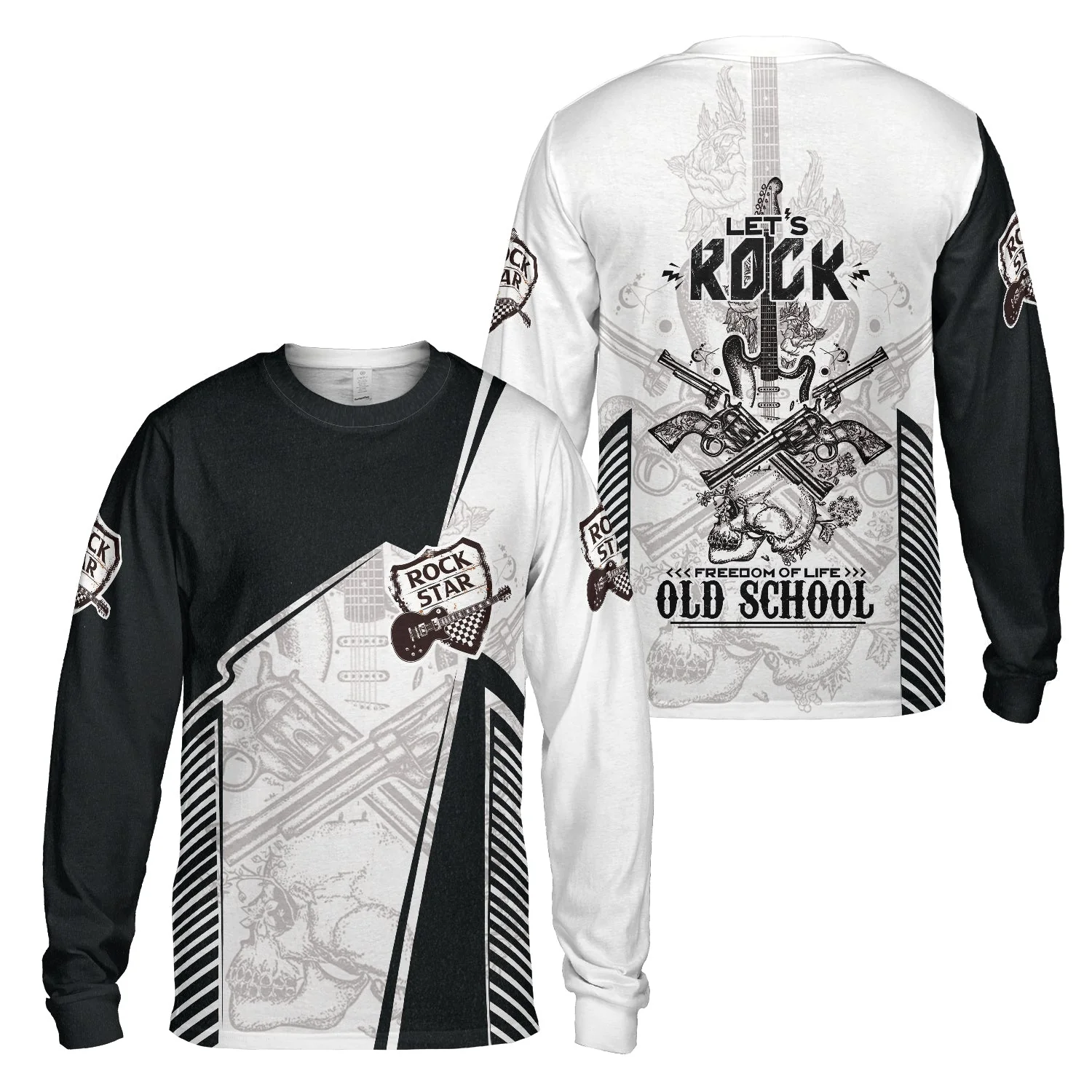 Black And White Guitar Sweatshirt, Let's Rock Freedom Of Life Old School Guitar Sweatshirt - Image 7