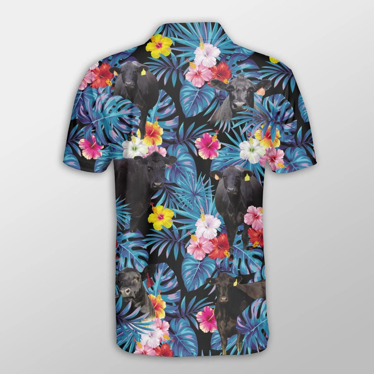 Black Angus Men Polo Shirts - Black Angus Tropical Flowers Leaves Pattern Button Shirts For Men - Perfect Gift For Black Angus Lovers, Cattle Lovers - Image 3