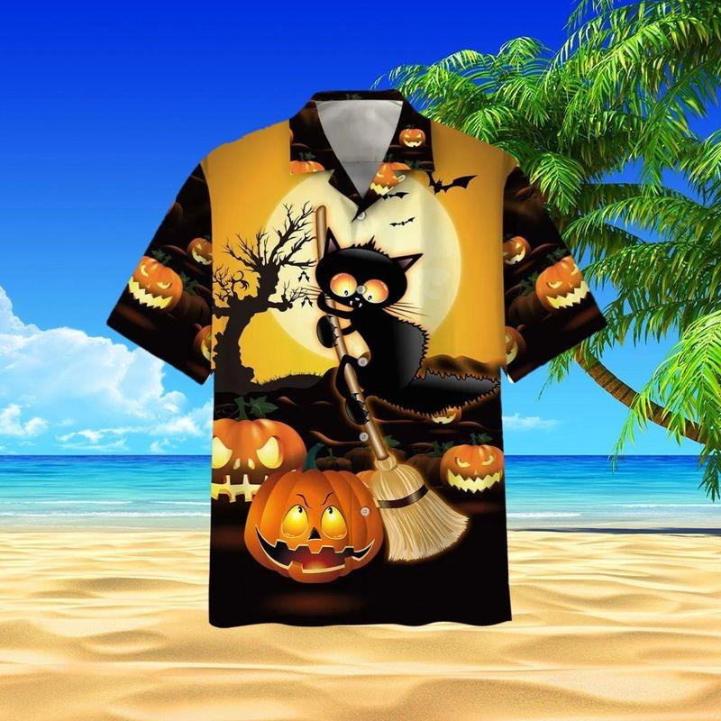 Black Cat Aloha Hawaiian Shirt - Black Cat Riding Broom Hawaiian Shirt, Halloween Witch Cat Halloween Hawaiian Shirt For Men & Women, Black Cat Lover