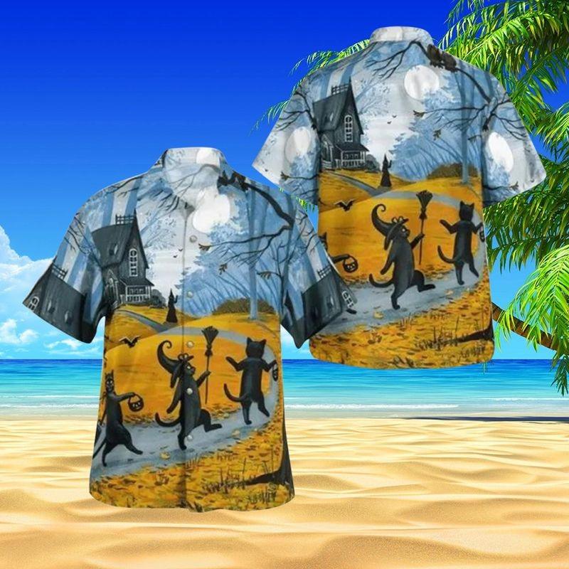 Black Cat Aloha Hawaiian Shirt - Halloween Animal Pattern Hawaiian Shirt, Black Cat Witch Hawaiian Shirt For Men & Women, Black Cat Lover