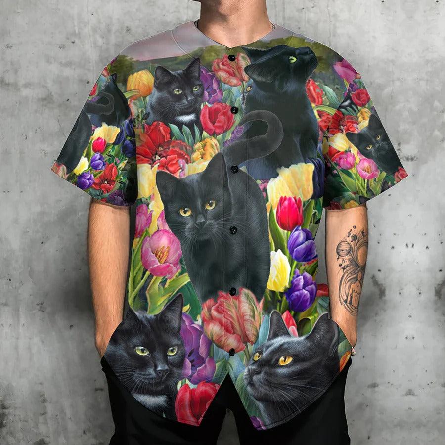 Black Cat Baseball Jersey, Black Cat, Colorful Lily Flowers Baseball Jersey For Men And Women - Perfect Gift For Black Cat Lovers - Image 2