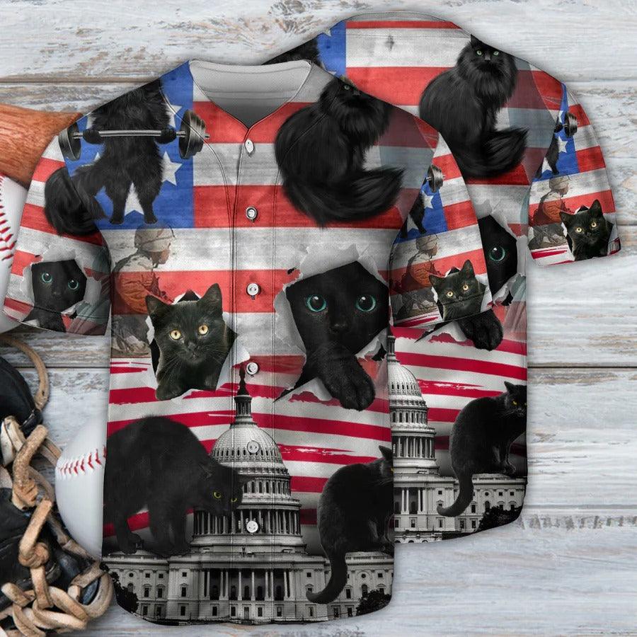 Black Cat Baseball Jersey, Black Cat Independence Day American Flag Baseball Jersey For Men And Women - Perfect Gift For Black Cat Lovers