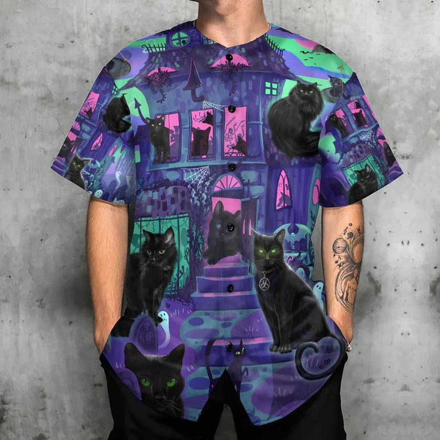 Black Cat Baseball Jersey, Halloween, Black Cat In A Haunted House Baseball Jersey For Men And Women - Perfect Gift For Black Cat Lovers - Image 2