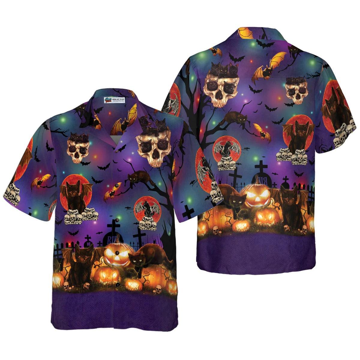 Black Cat Halloween Hawaiian Shirt, Skull Hawaiian Shirt, Pumpkin Hawaiian Shirt - Perfect Gift For Lover, Friend, Family