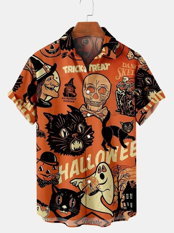 Black Cat Hawaiian Shirt, Halloween Hawaiian Shirt, Black Cat Chest Pocket Hawaiian Shirt For Men & Women - Halloween Gift For Members Family, Friends