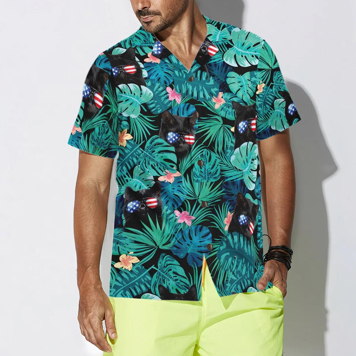 Black Cat Hawaiian Shirt, Tropical Fourth Of July, US Flag Hawaiian Shirt - Perfect Gift For Lover, Friend, Family