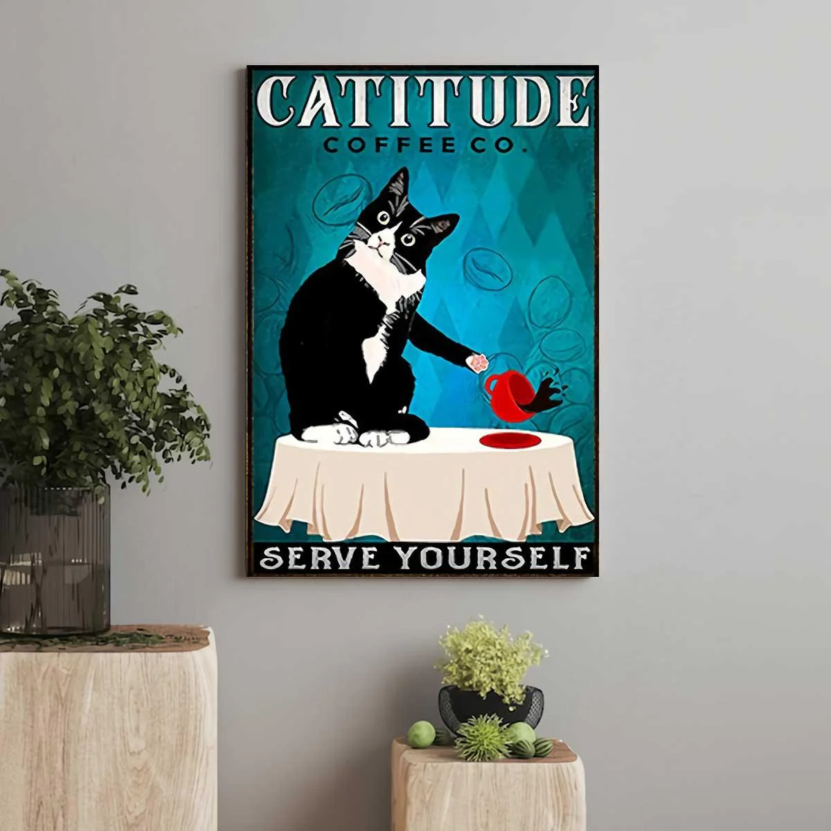 Black Cat Portrait Canvas, Catitude Coffee co Serve Yourself, Vintage Black Cat Premium Wrapped Canvas - Gift For Family, Cat Lovers