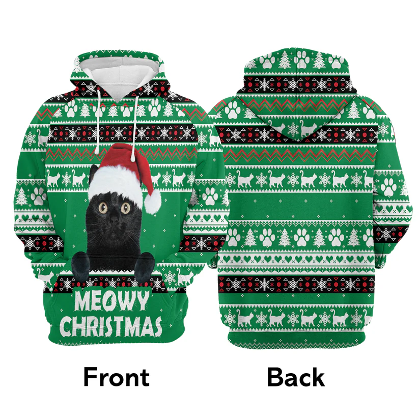 Black Cat Premium Christmas Hoodie, Meowy Black Cat Christmas Unisex Hoodie For Men & Women - Perfect Gift For Christmas, Black Cat Lovers - Image 3