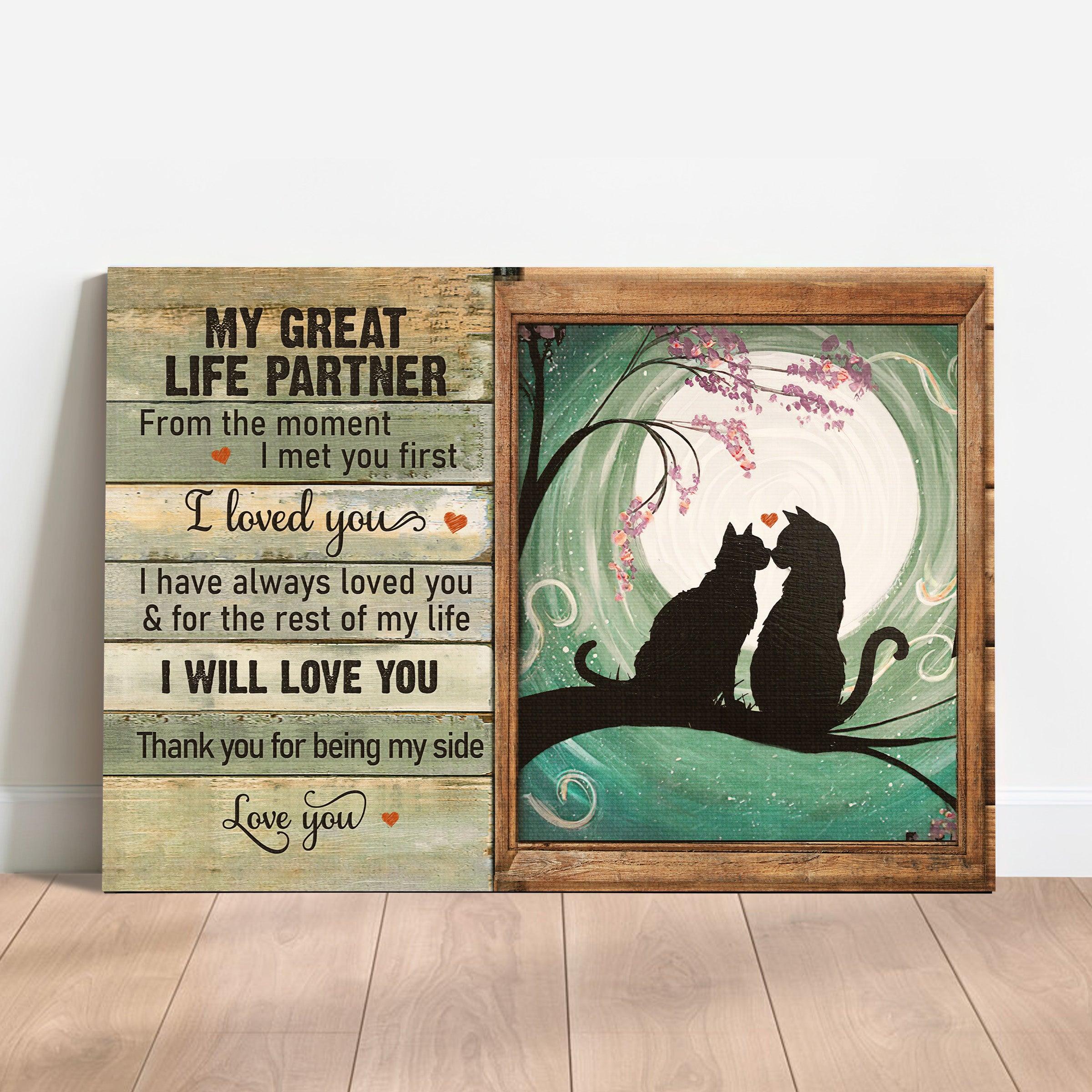 Black Cat Premium Wrapped Landscape Canvas - Black Cat Painting, Pink Flower, Fullmoon, Thank You For Being My Side - Couple Gift For Black Cat Lovers