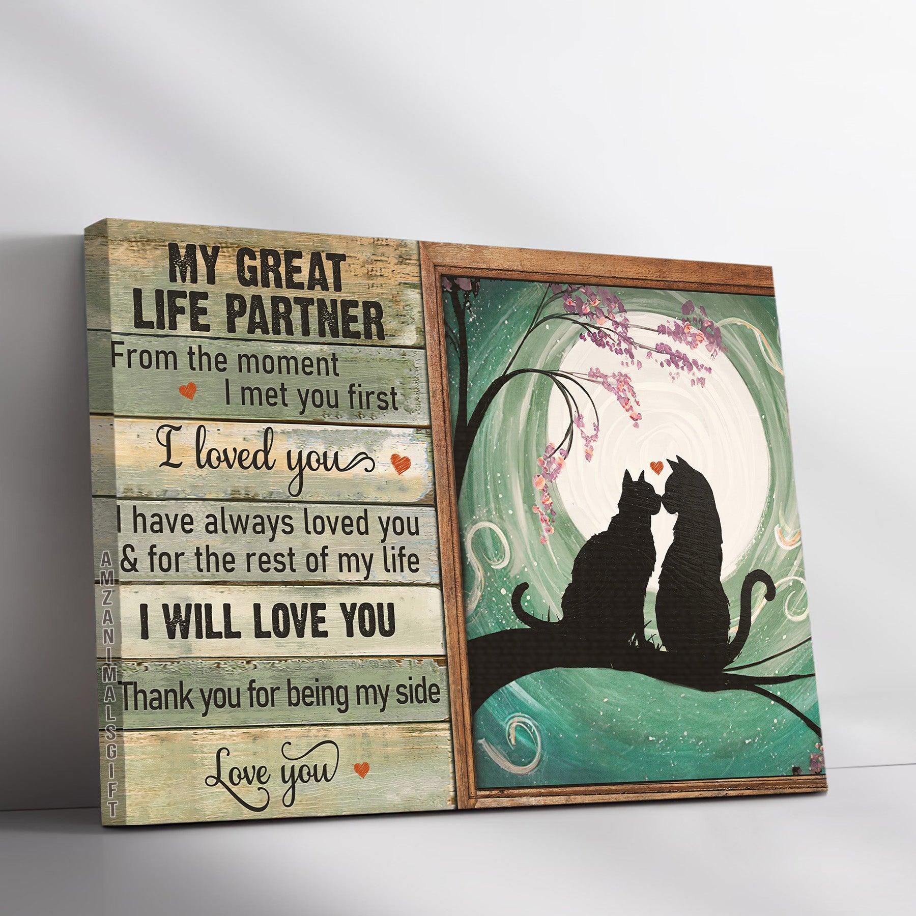 Black Cat Premium Wrapped Landscape Canvas - Black Cat Painting, Pink Flower, Fullmoon, Thank You For Being My Side - Couple Gift For Black Cat Lovers - Image 2