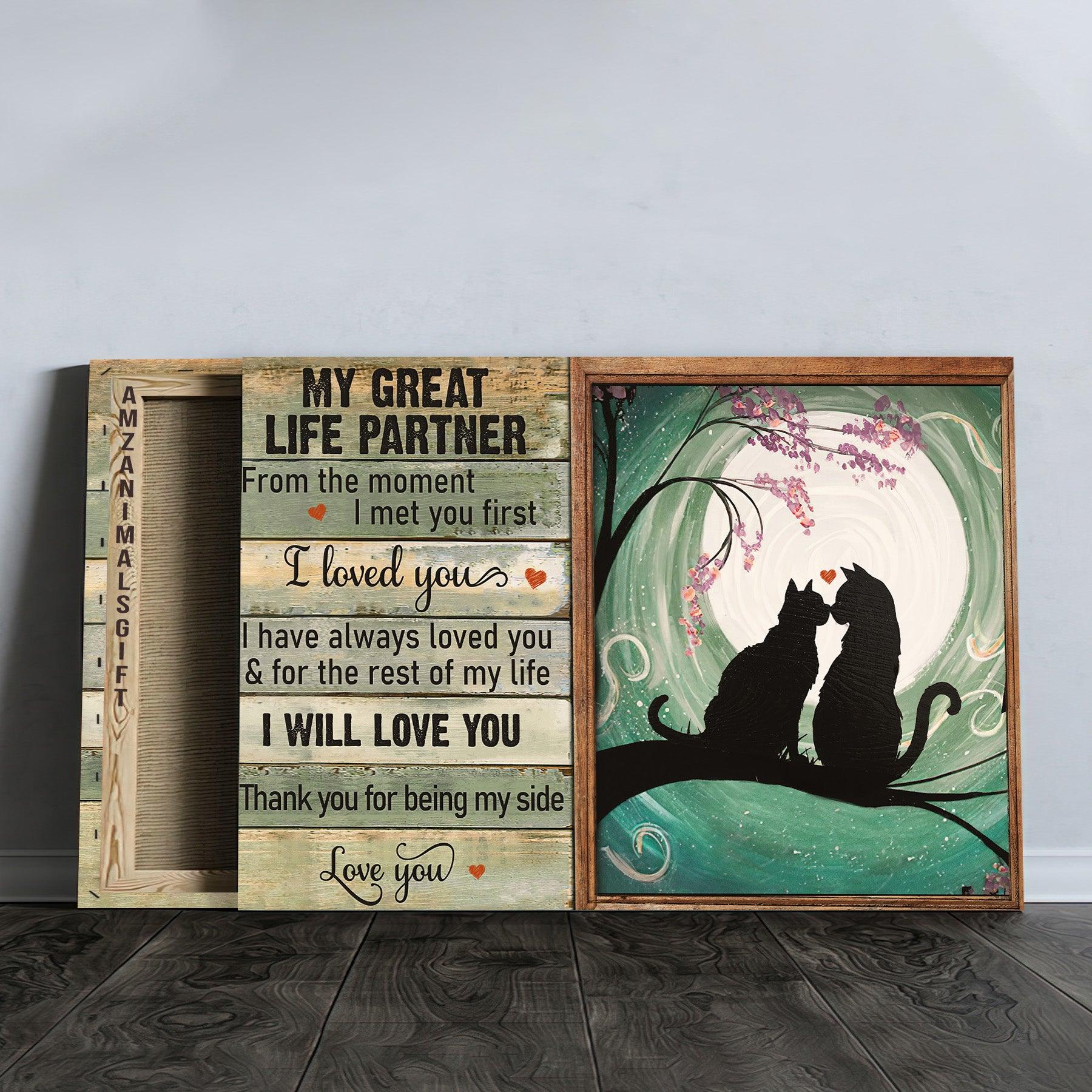 Black Cat Premium Wrapped Landscape Canvas - Black Cat Painting, Pink Flower, Fullmoon, Thank You For Being My Side - Couple Gift For Black Cat Lovers - Image 3