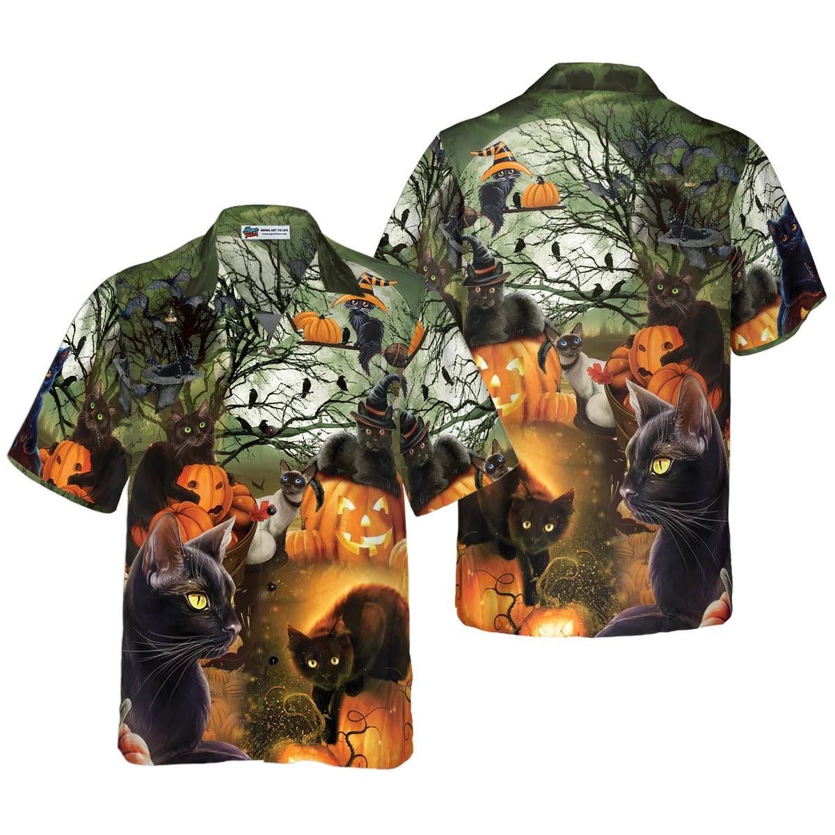 Black Cat & The Pumpkin Halloween Hawaiian Shirt, Halloween Shirt For Men And Women - Perfect Gift For Lover, Friend, Family