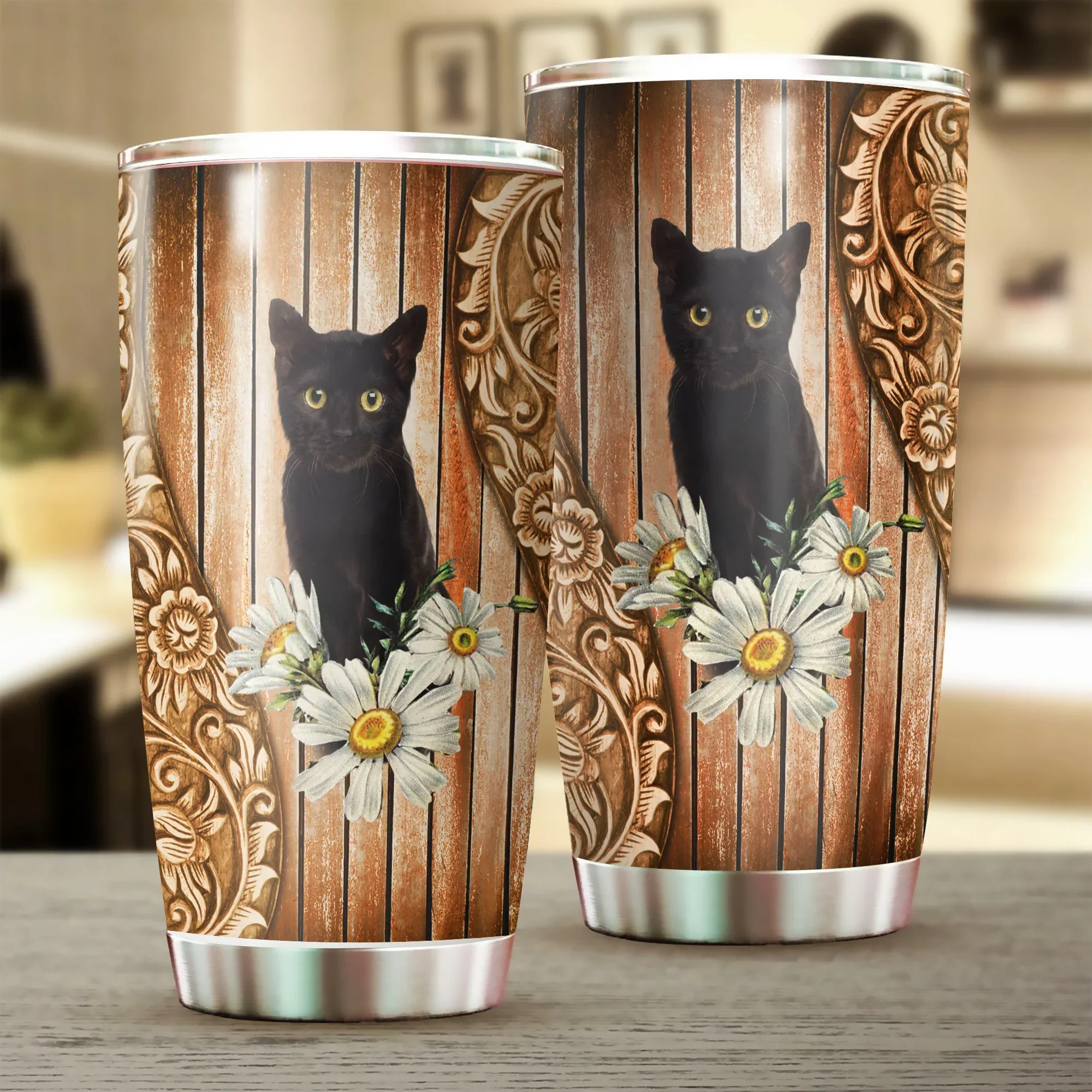 Black Cat Tumbler, Cat And Daisy, Gift for Cat Lovers, Cat Mom Dad, Mother's Day, Couples, Husband, Wife, Parents, Lovers