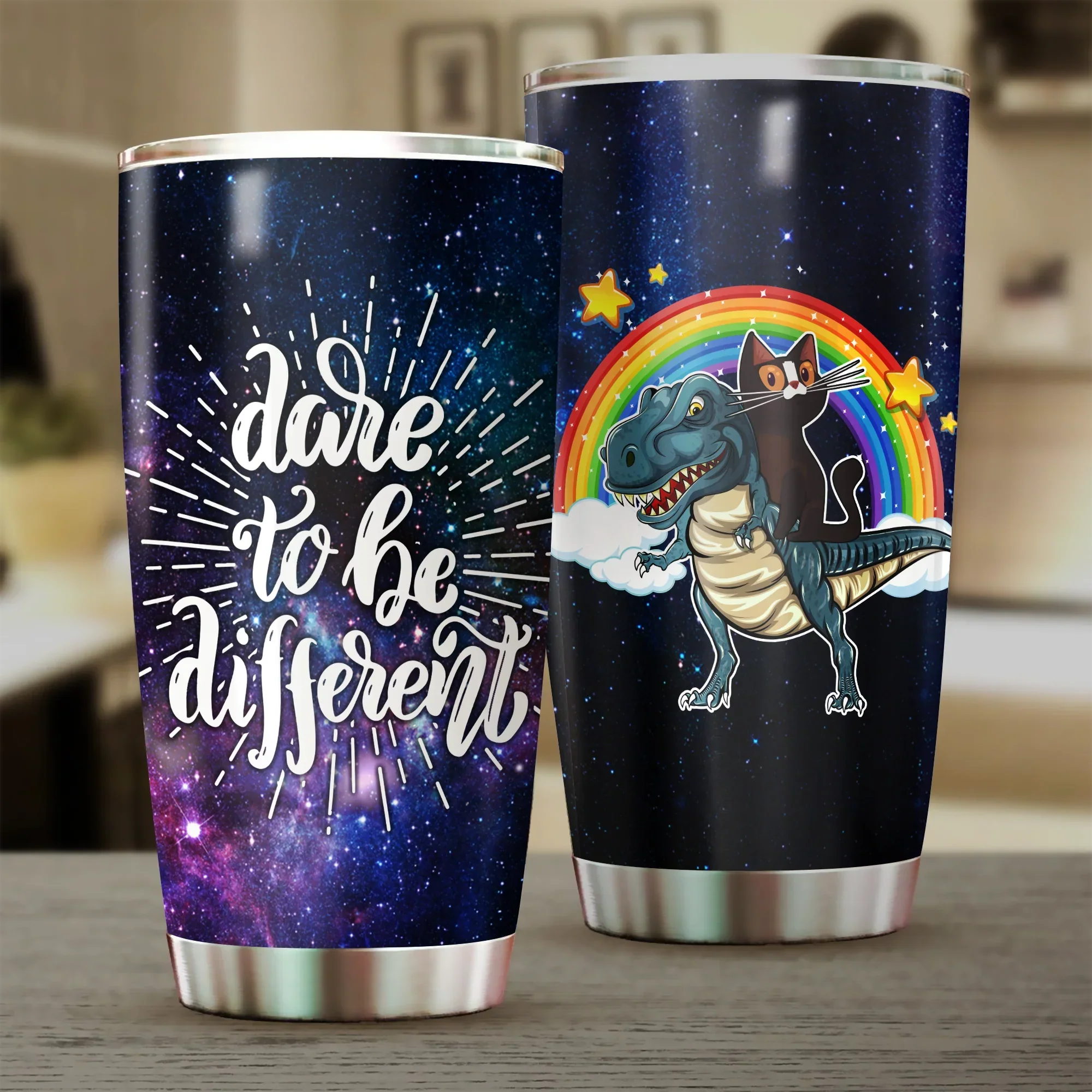 Black Cat Tumbler, Dinosaur And Rainbow, Gift for Cat Lovers, Cat Mom Dad, Mother's Day, Couples, Husband, Wife, Dare To Be Different Tumbler