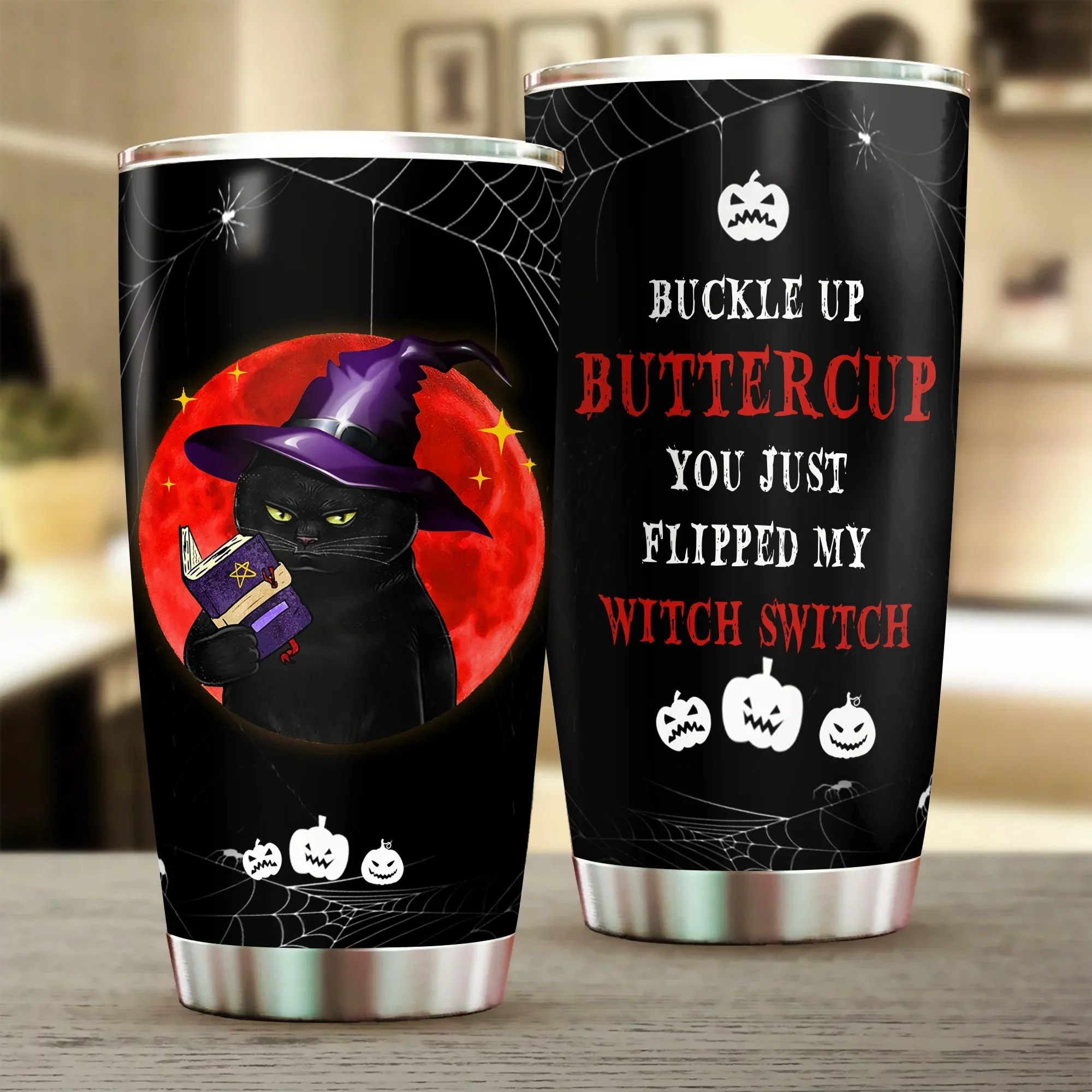 Black Cat Tumbler, Happy Halloween, Gift for Cat Lovers, Cat Mom Dad, Buckle Up Buttercup You Just Flipped My Witch Switch Tumbler