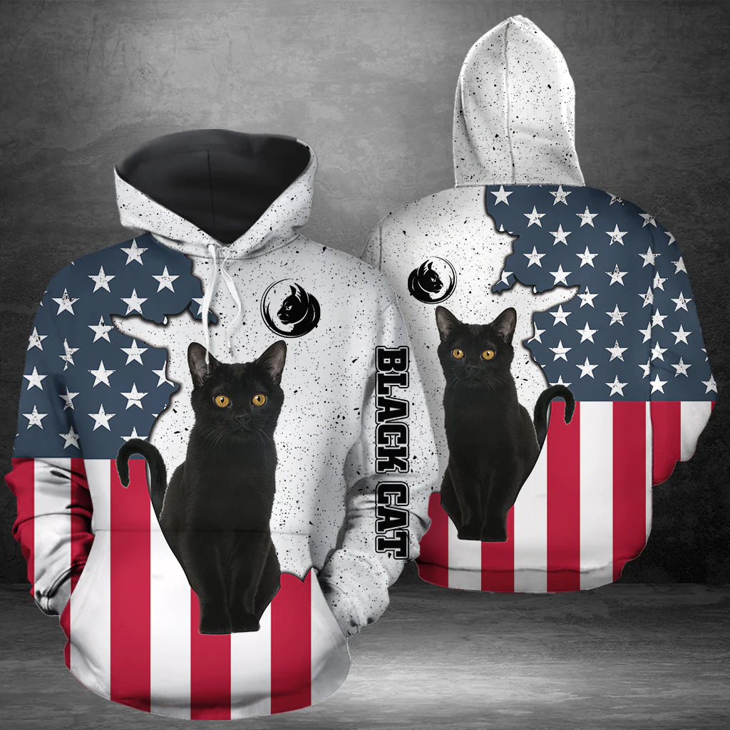 Black Cat US Flag Pullover Premium Hoodie, Perfect Outfit For Men And Women On Christmas New Year Autumn Winter - Image 2