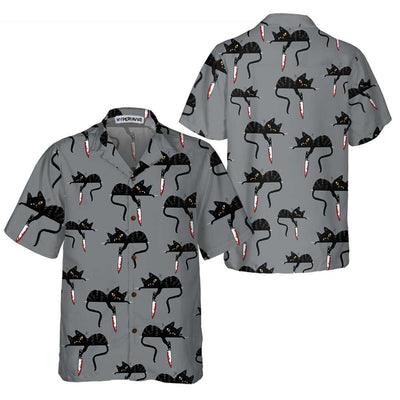 Black Cat With Knife Hawaiian Shirt, Funny Black Cat Shirt For Men - Perfect Gift For Men, Cat Lovers, Husband, Boyfriend, Friend, Family