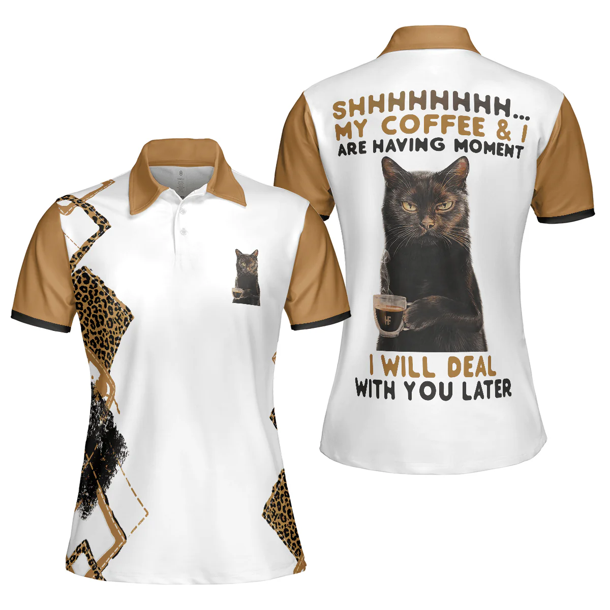 Black Cat Women Polo Shirt, Shh My Coffee And I Are Having A Moment Women Polo Shirt, Leopard Shirt - Perfect Gift For Ladies, Women, Cat Lovers - Image 2