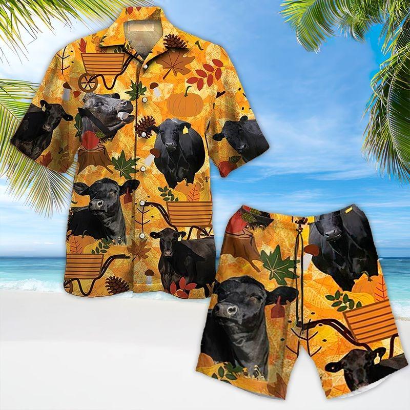 Black Cow Cattle Aloha Hawaiian Shirt - Cow Pumpkin Autumn Hawaiian Shirt, Autumn Leaves Hawaiian Shirt For Men & Women, Cow Lover