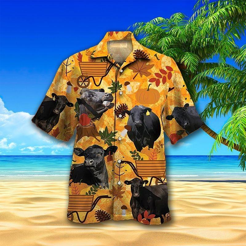 Black Cow Cattle Aloha Hawaiian Shirt - Cow Pumpkin Autumn Hawaiian Shirt, Autumn Leaves Hawaiian Shirt For Men & Women, Cow Lover - Image 3