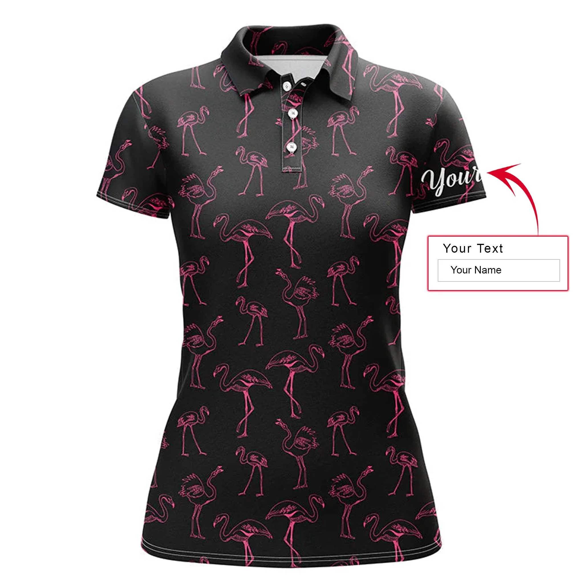 Black Flamingo Custom Name Women Polo Shirt, Neon Pink Flamingos Pattern Personalized Women Polo Shirts, Best Gift For Female, Flamingo Lovers