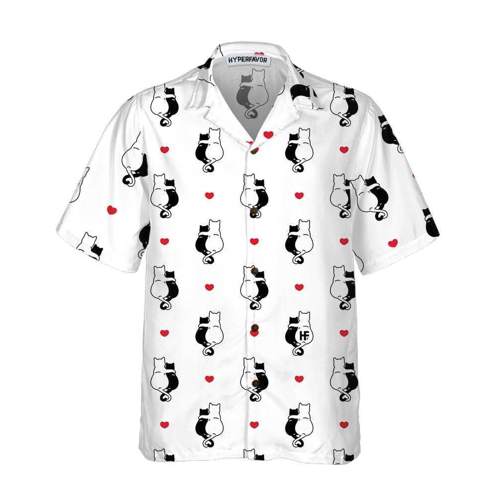 Black White Couple Cat Kitten Aloha Hawaiian Shirt For Summer, Heart Hawaiian Shirt For Men Women Adults, Valentine Day Gift For Couples, Cat Lovers - Image 3