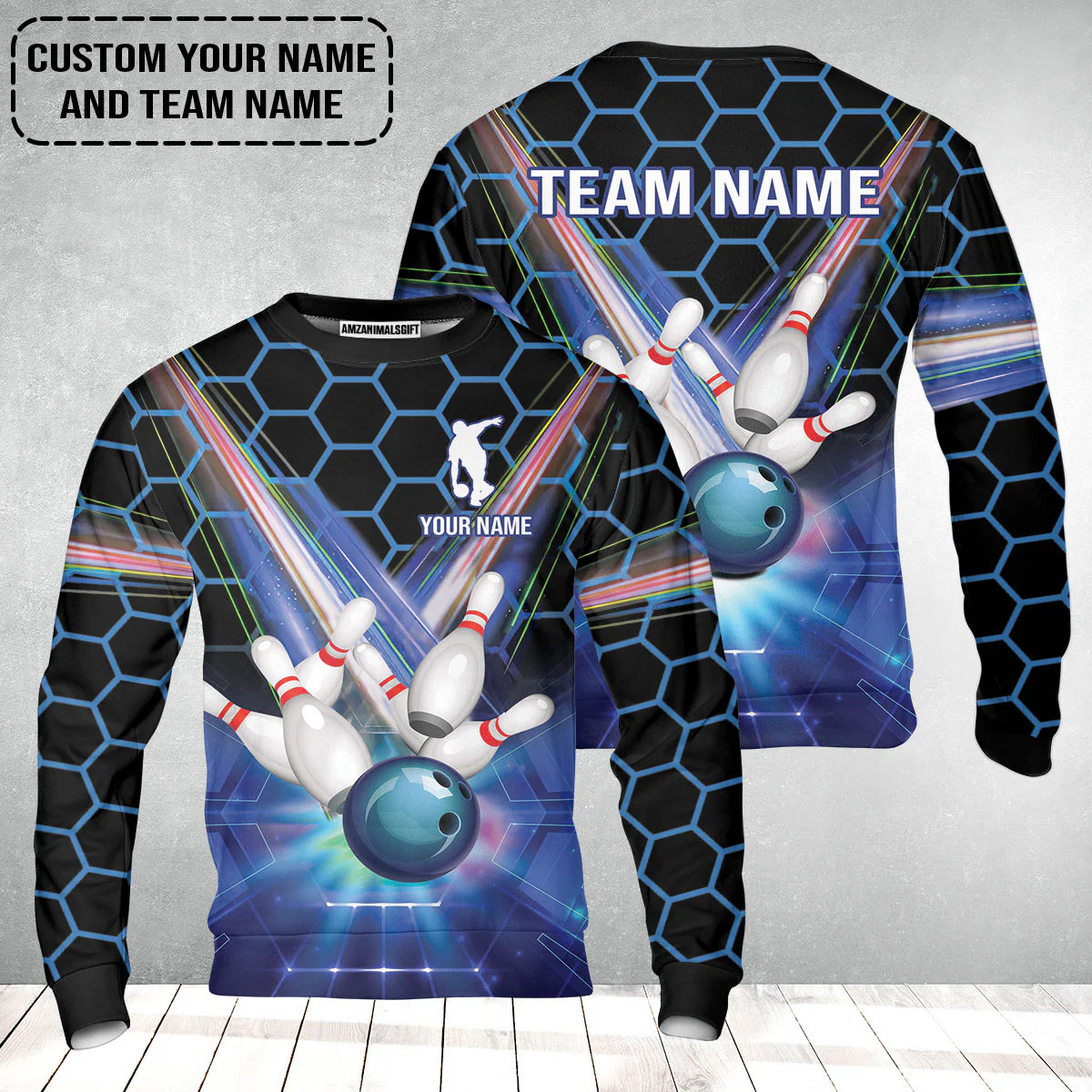 Blue Bowling Custom Sweatshirt, Bowling Personalized Sweatshirt, Bowling Shirt Custom Name and Team Name - Image 2