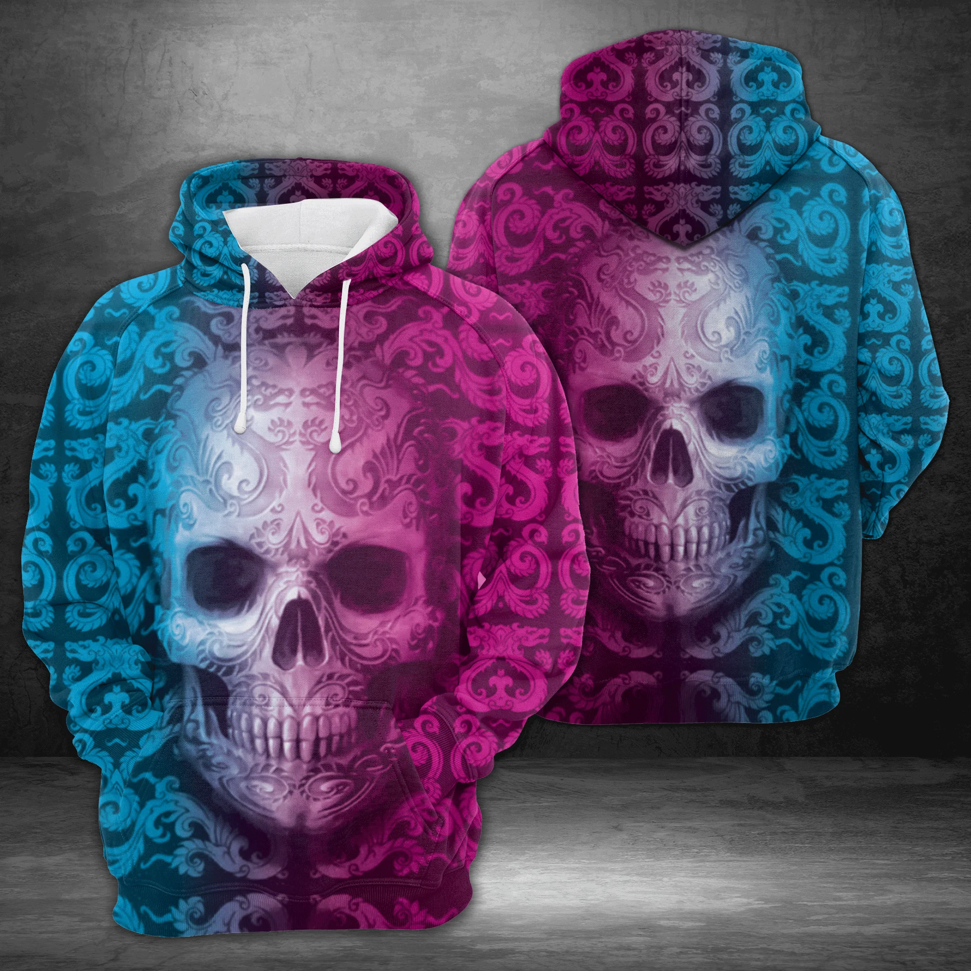 Blue & Pink Skull Pullover Premium Hoodie, Perfect Outfit For Men And Women On Christmas New Year Autumn Winter - Image 3