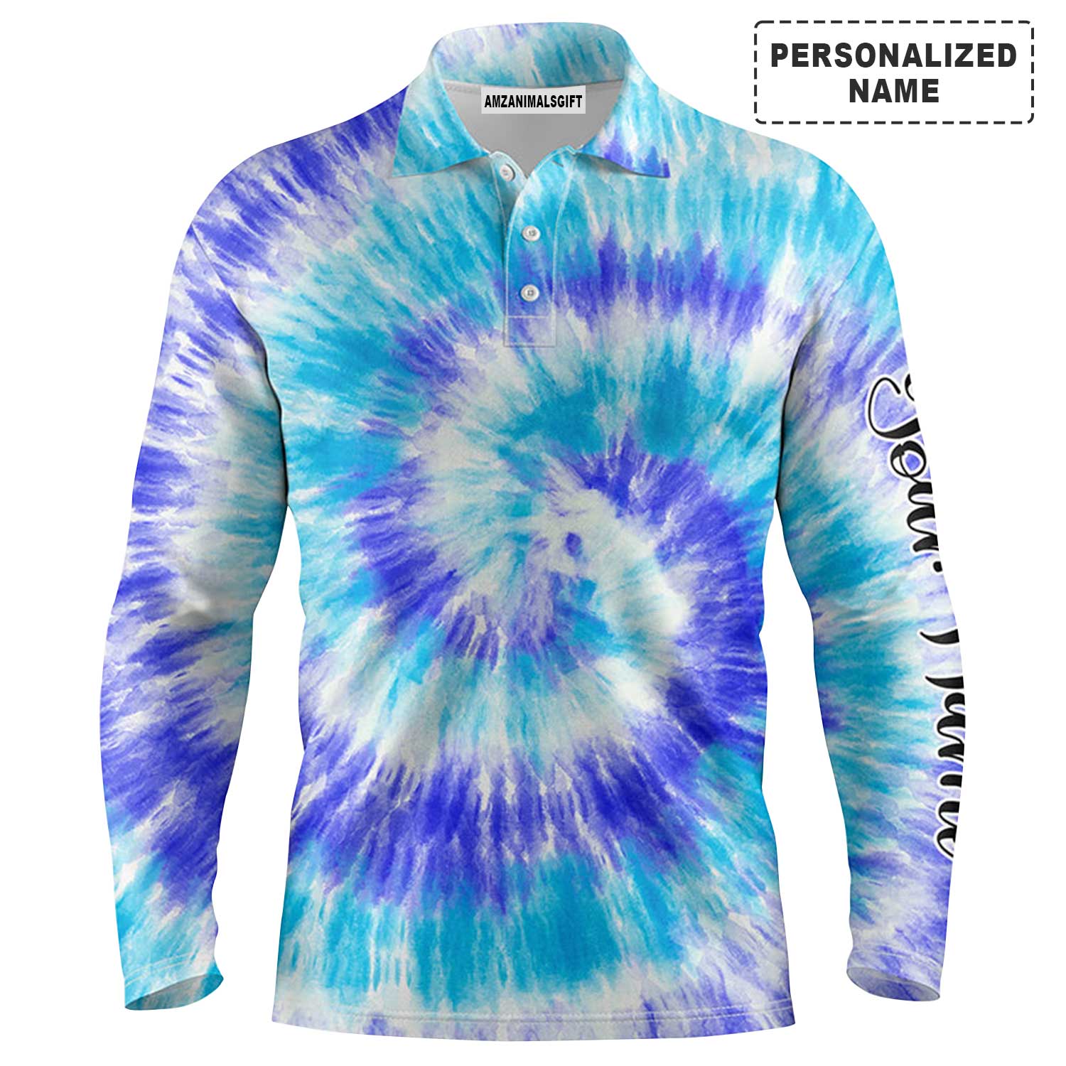 Custom Golf Men Polo Shirt - Blue Turquoise Tie Dye Background Custom Name Golf Men Polo Shirt - Perfect Polo Shirt For Men, Golfers - Image 4