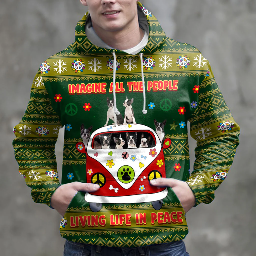 Boston Terrier Pullover Premium Hoodie Imagine All The People Living Life In Peace, Perfect Outfit For Men And Women On Christmas New Year Autumn Winter - Image 3