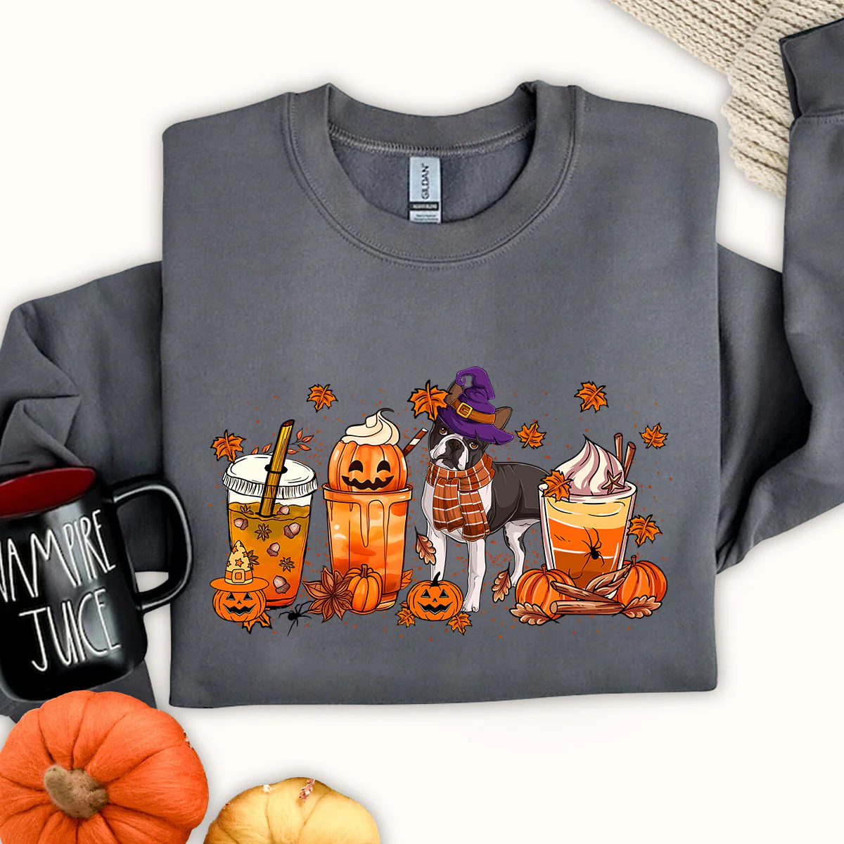 Boston Terrier Sweatshirt, Fall Coffee Latte Boston Terrier Shirt, Boston Terrier Halloween Sweatshirt - Image 2