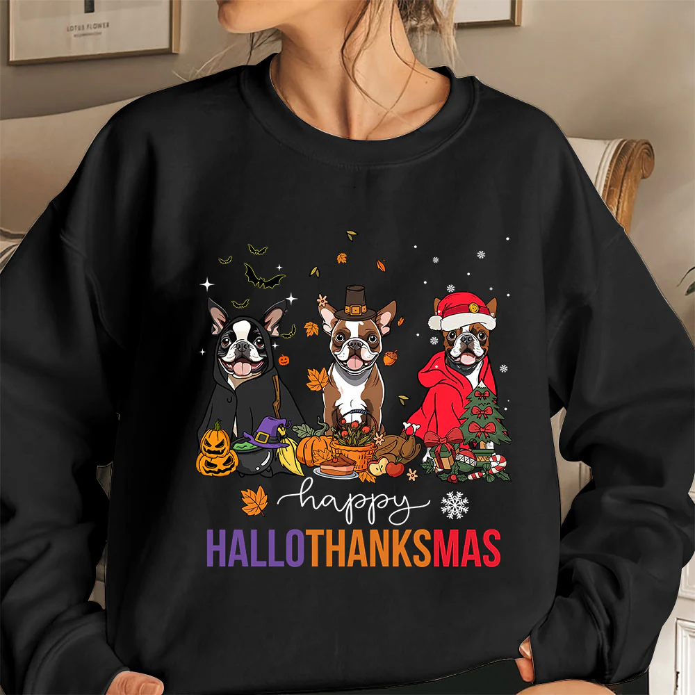 Boston Terrier Sweatshirt, Happy Hallothanksmas Boston Terrier Shirt, Boston Terrier Halloween Sweatshirt - Image 4