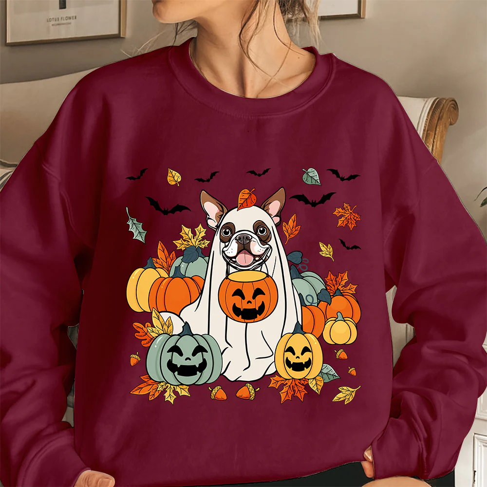 Boston Terrier Sweatshirt, Spooky Dog Pumpkin Stack Boston Shirt, Boston Terrier Halloween Sweatshirt - Image 3